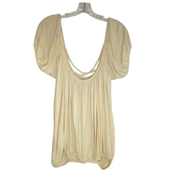 Free People Ann's Ruched Short Sleeve Scoop Neck Flowy Cream Top, Size L - Picture 3 of 11